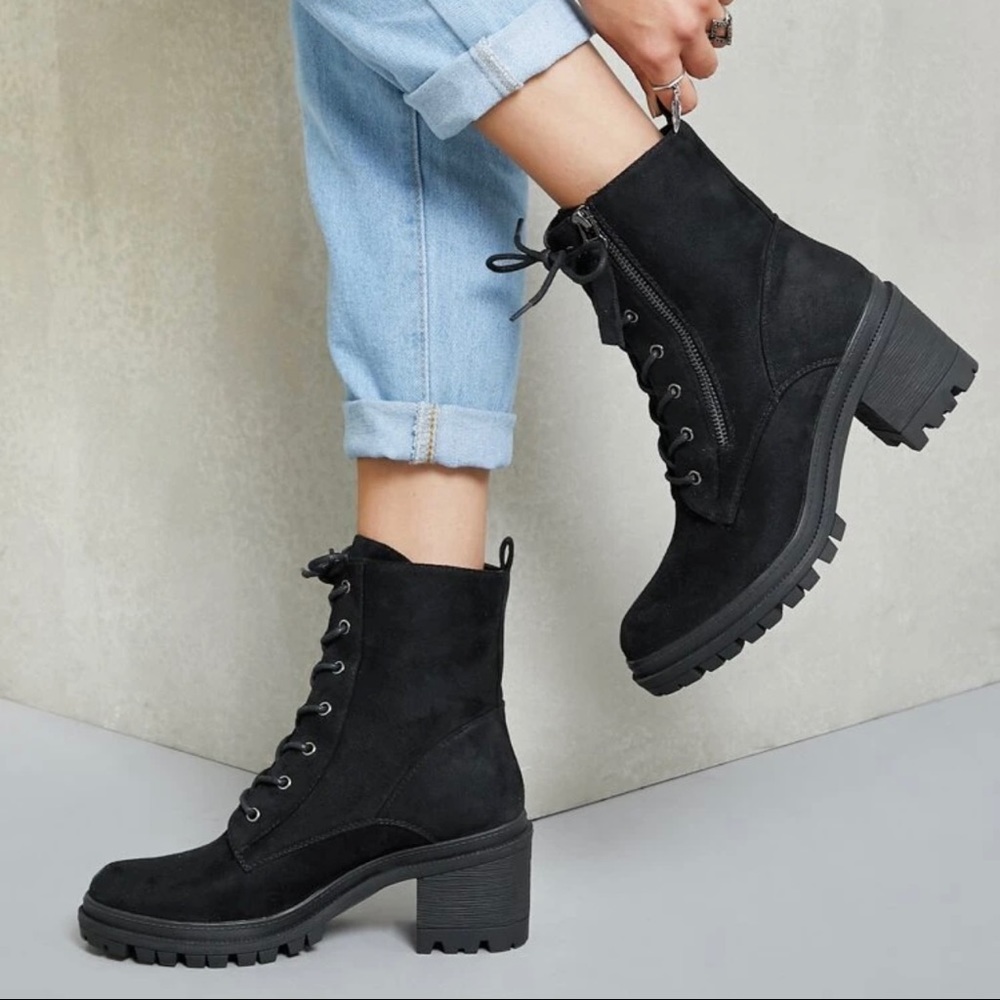 Lace Front Lug Sole Stacked Heel Combat Boots, size US8, from SHEIN